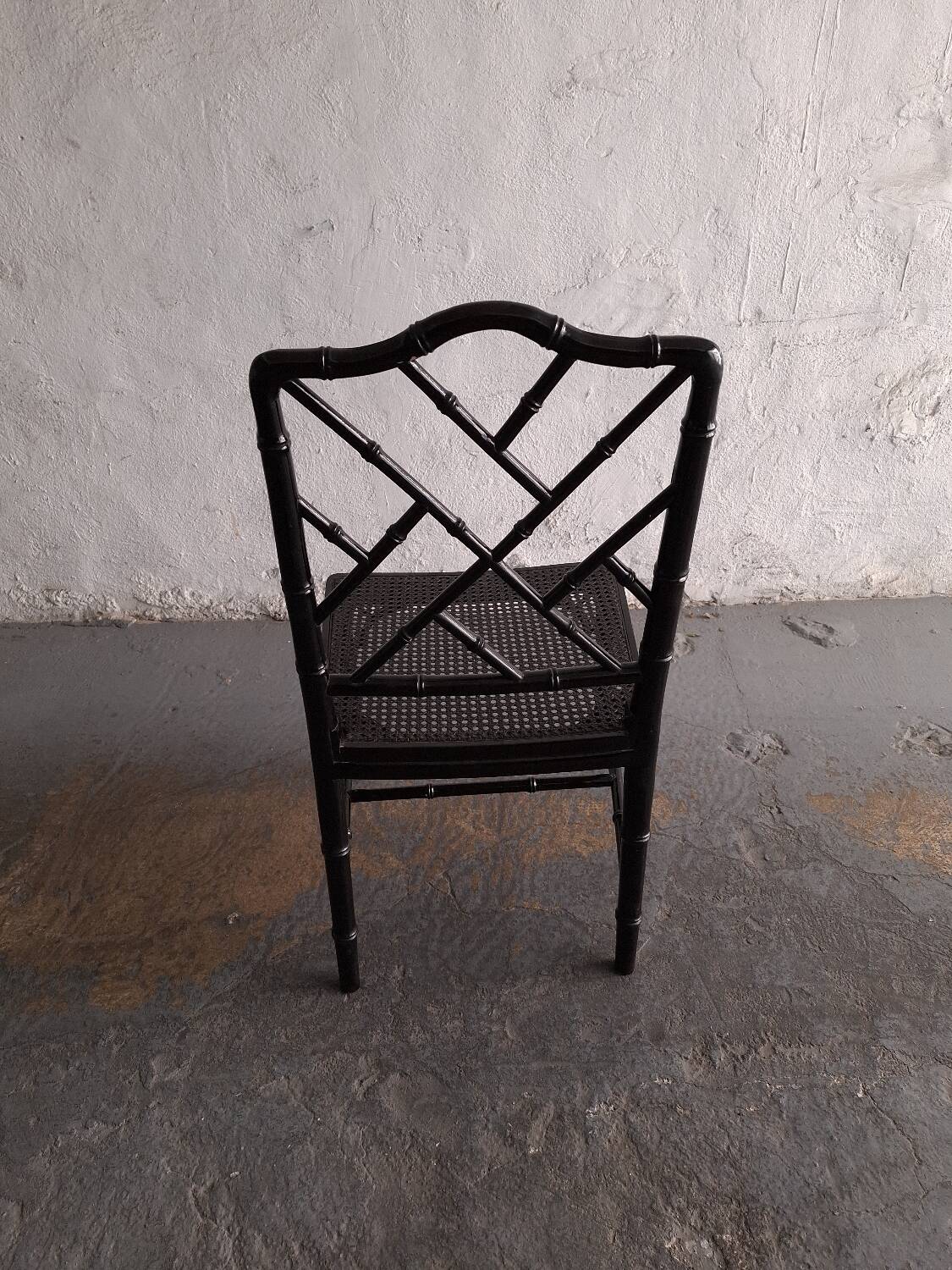 Black lacquered chair, faux bamboo, Chippendale, Jonathan Adler