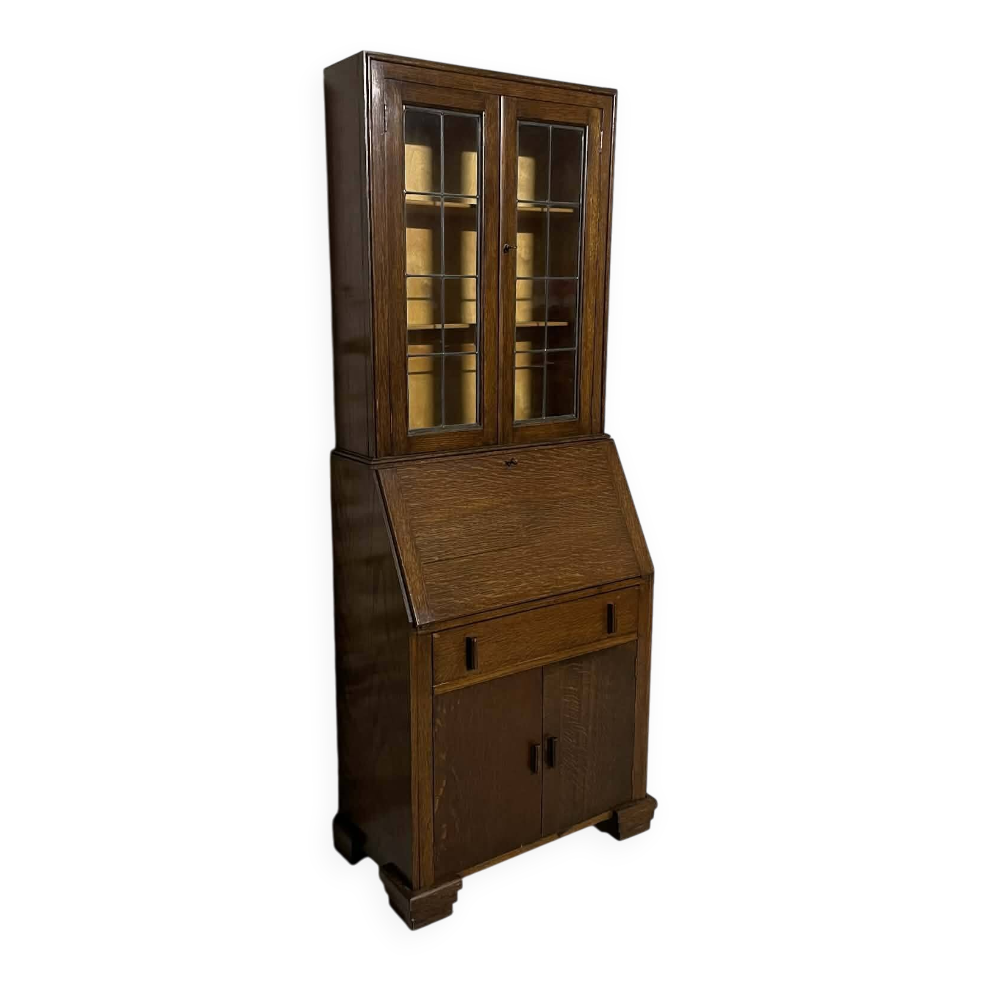 Oak display secretary cabinet, two-body furniture with drop-down front.
