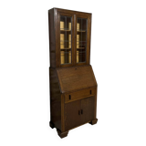 Oak display secretary cabinet, two-body furniture with drop-down front.