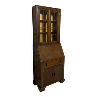 Oak display secretary cabinet, two-body furniture with drop-down front.