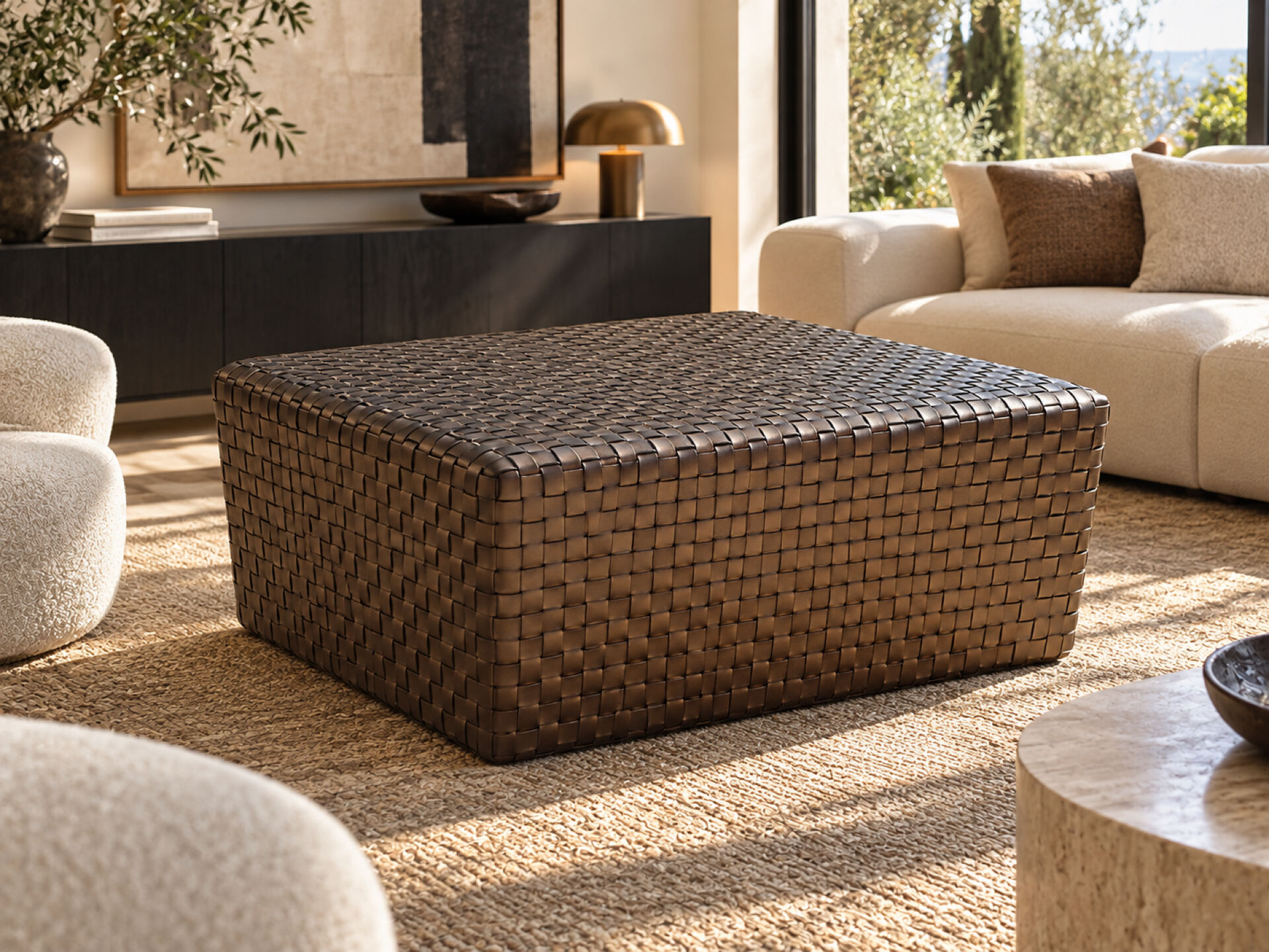 Pouf Dama Enzo Mari for Arte & Cuoio in woven leather