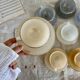 8 vintage cups and saucers Arcopal Harlequin opaline pastel tones with gold edging
