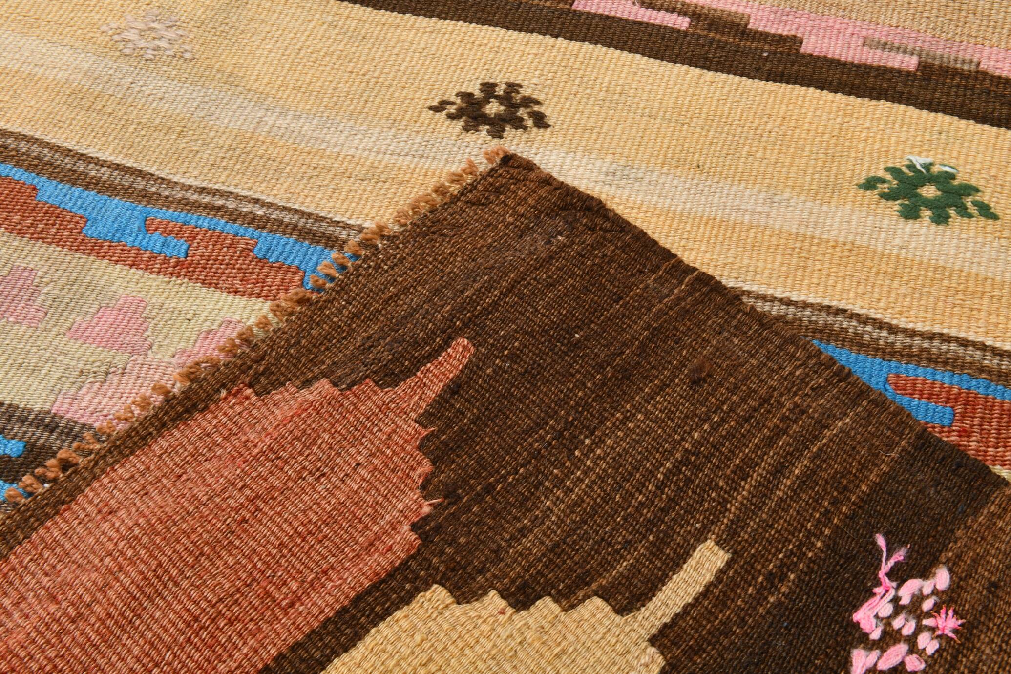 4x13 Beige & Orange Kilim Runner Rug, Wool Runner Rug, Stair Rug, 121x395Cm