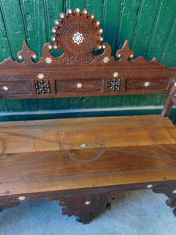 Old syrian wooden bench and mother-of-pearl inlay