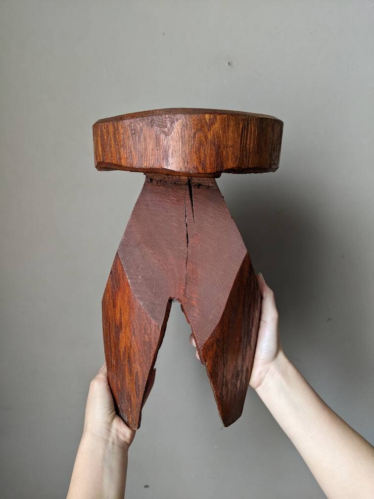 Vintage brutalist carved plant stand stool