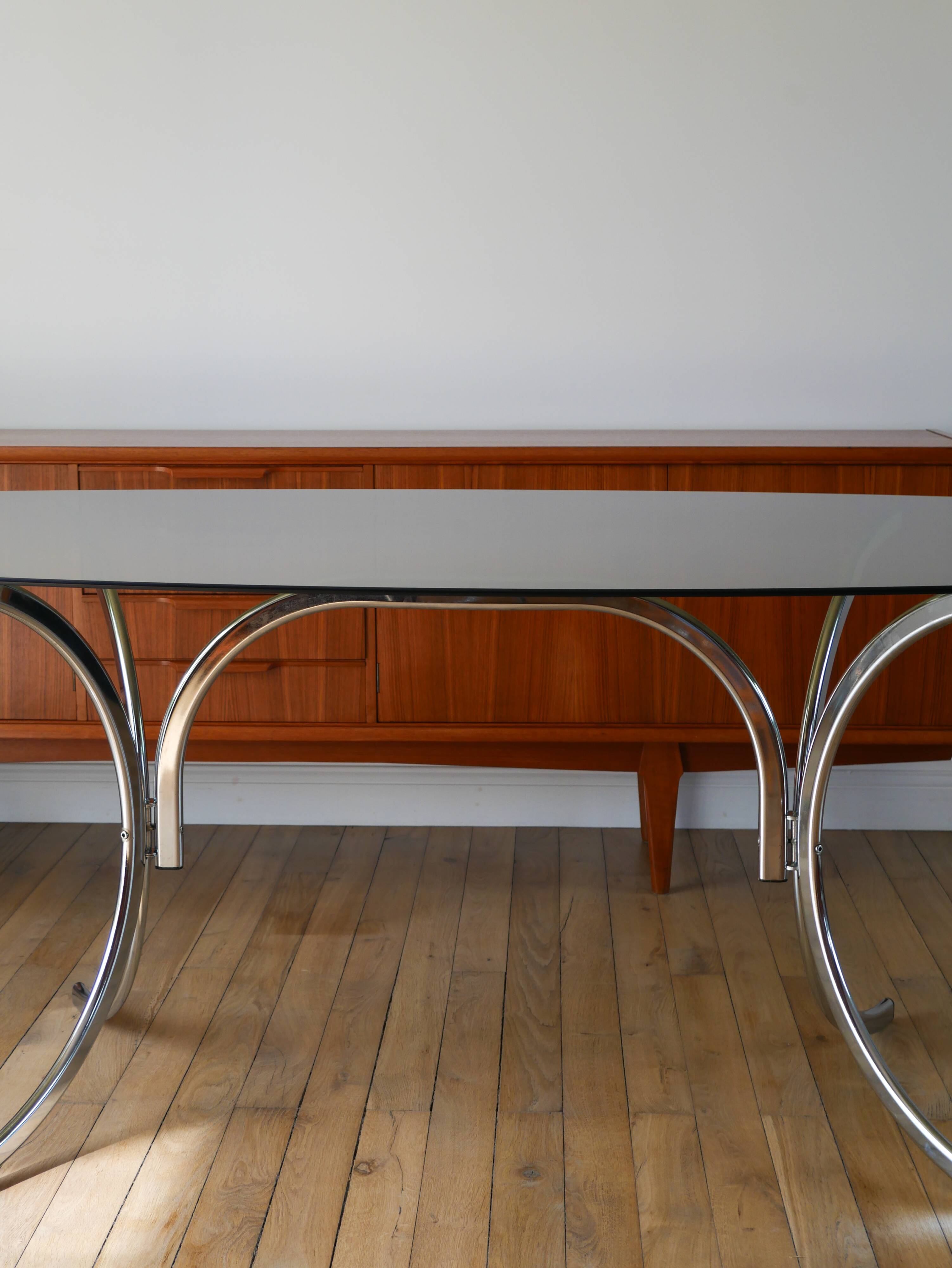 Coffee table in smoked glass and chrome legs, Design, 1970