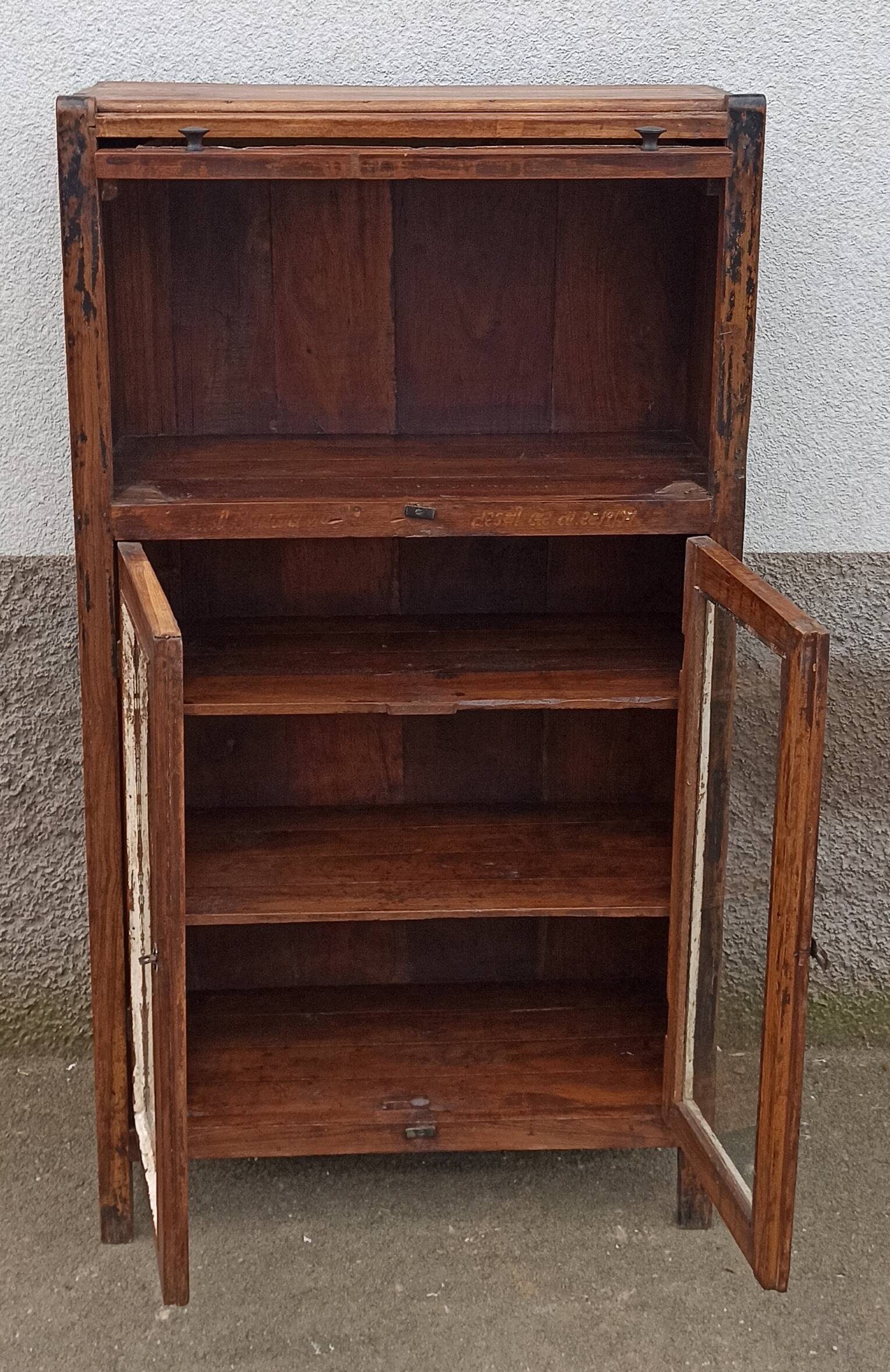 Small wooden glass cabinet with retractable door