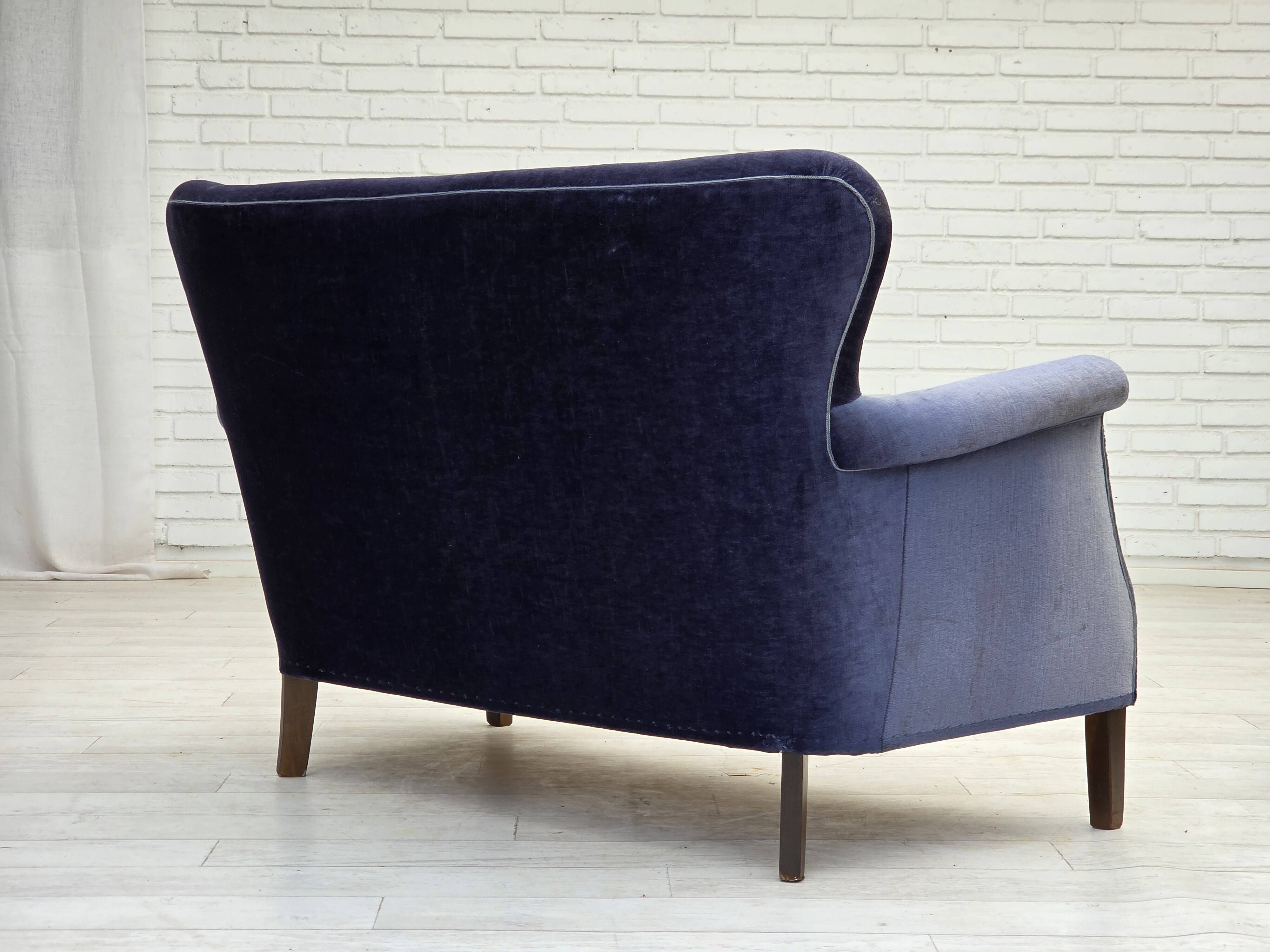 1960s, Danish 2-seater sofa, original blue furniture velour, beech wood.