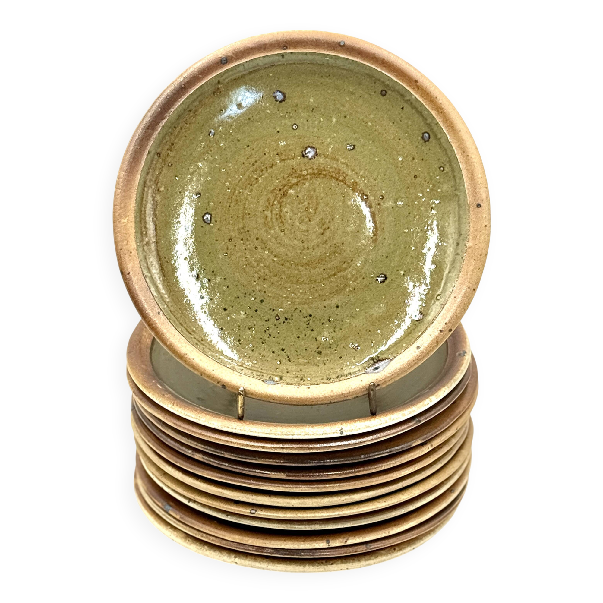 12 green Pierre Digan plates, diameter 25.5 cm, from the 70s