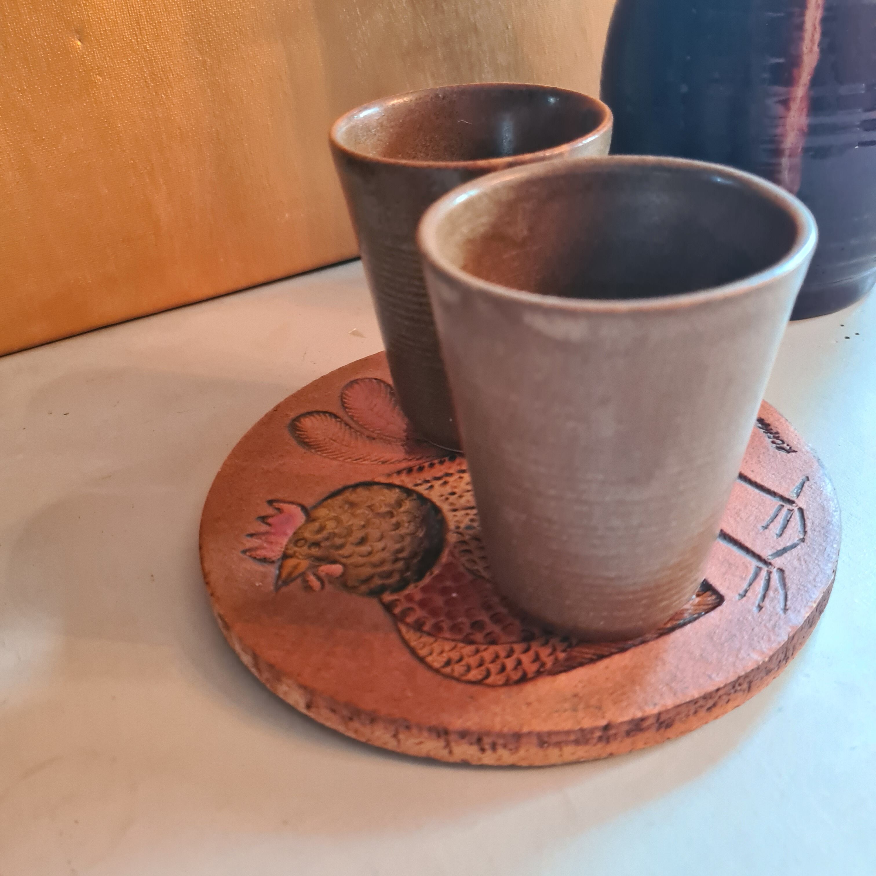 Vallauris ceramic trivia signed Roger Capron polychrome rooster pattern