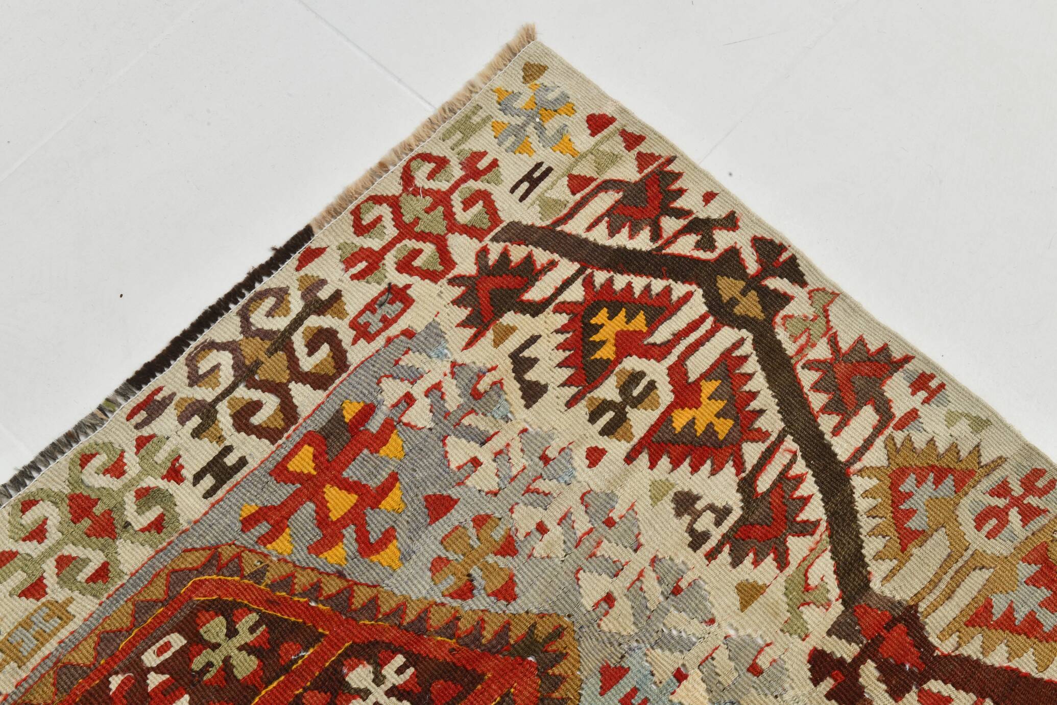 6x13 Beige & Red Wool Kilim Rug, 193x406Cm