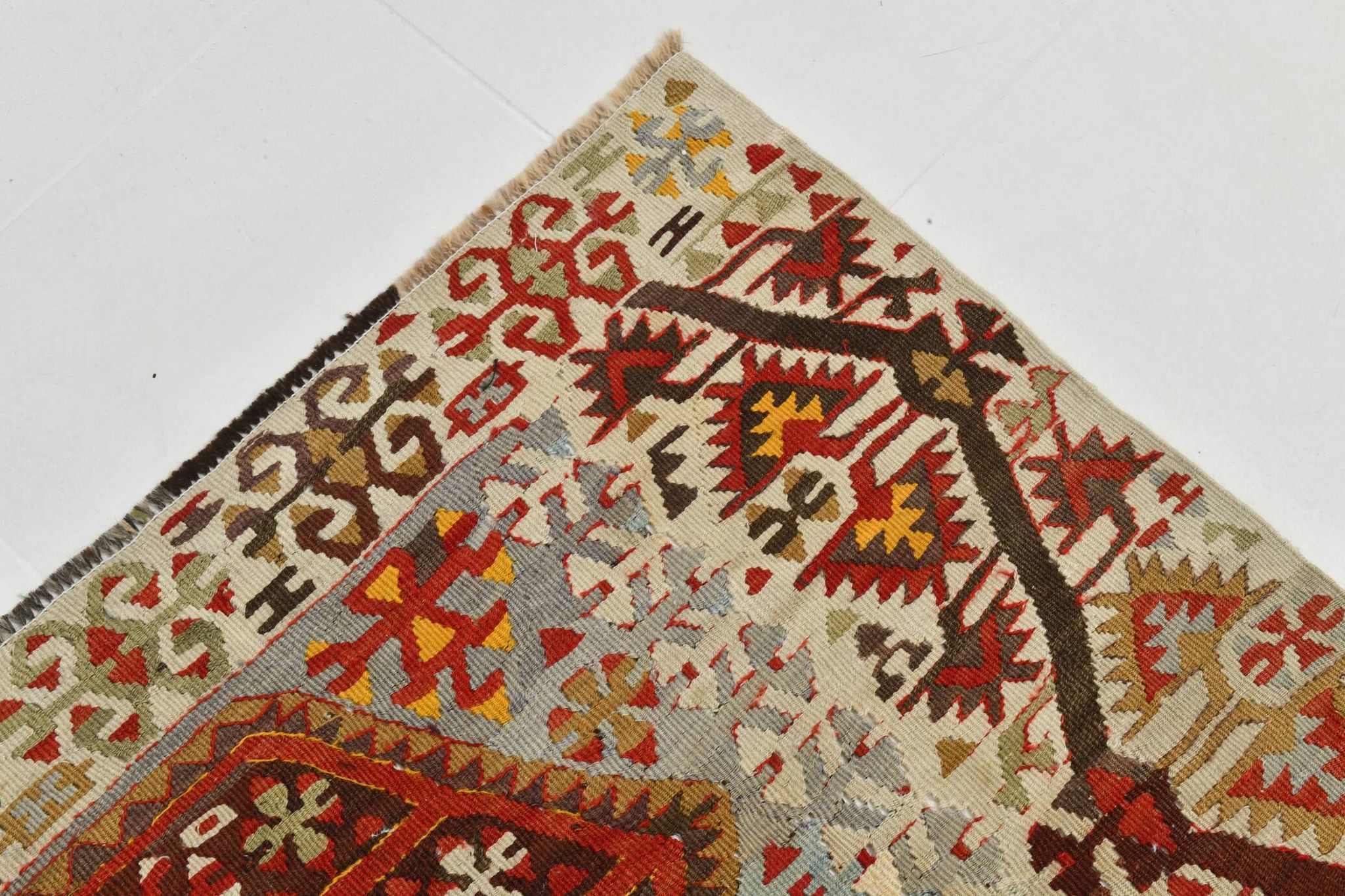 Tapis Kilim en laine beige et rouge 6x13, 193x406 cm