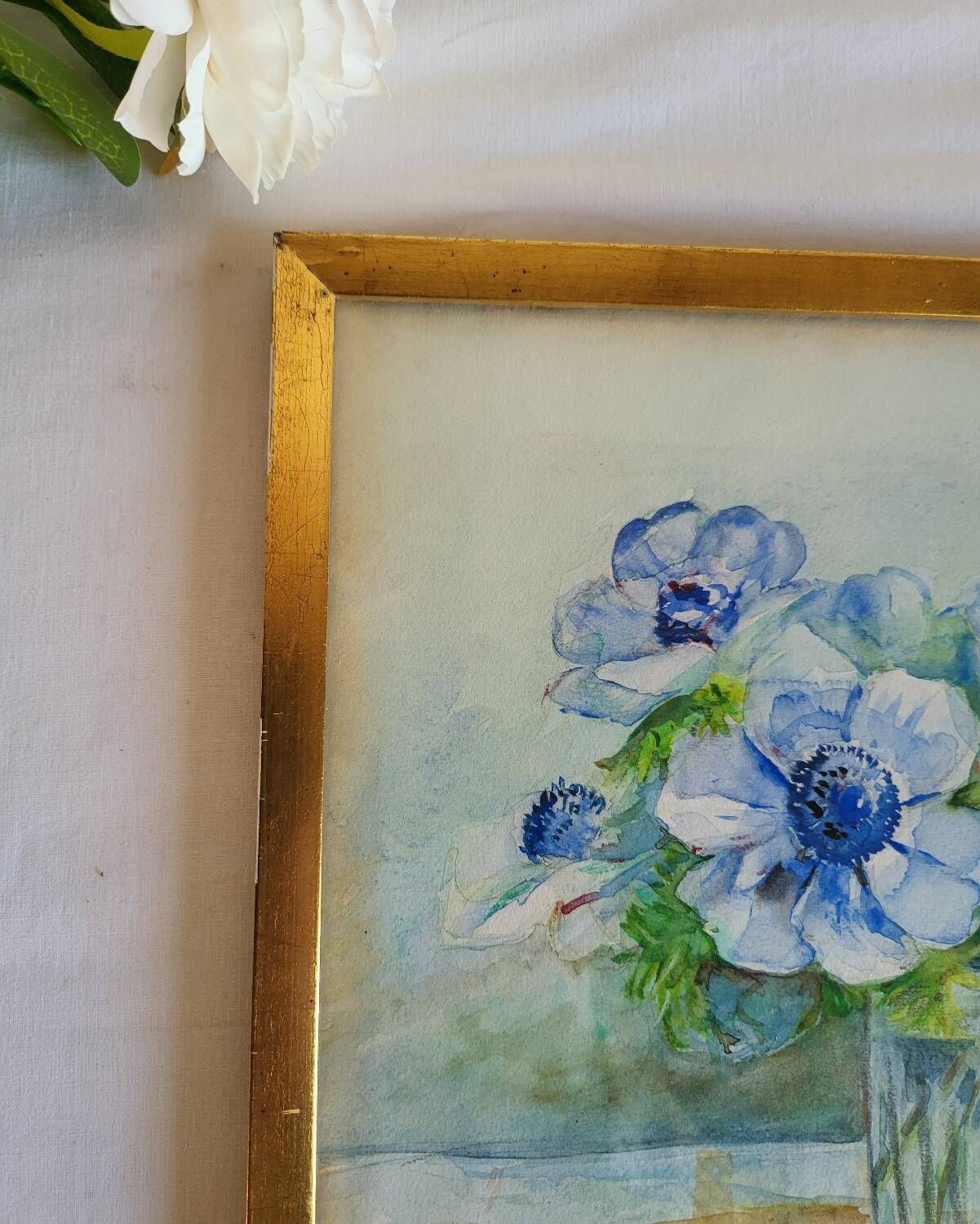 20th-century watercolor painting signed Carré-Tison, Bouquet of blue flowers