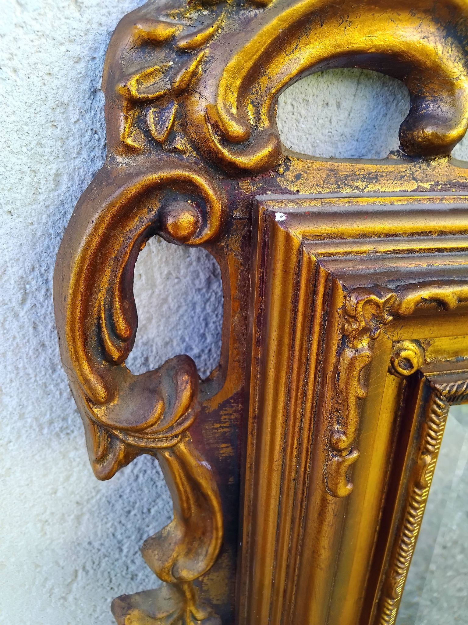 Old large Louis XV style mirror, stucco, wood, resin, beveled