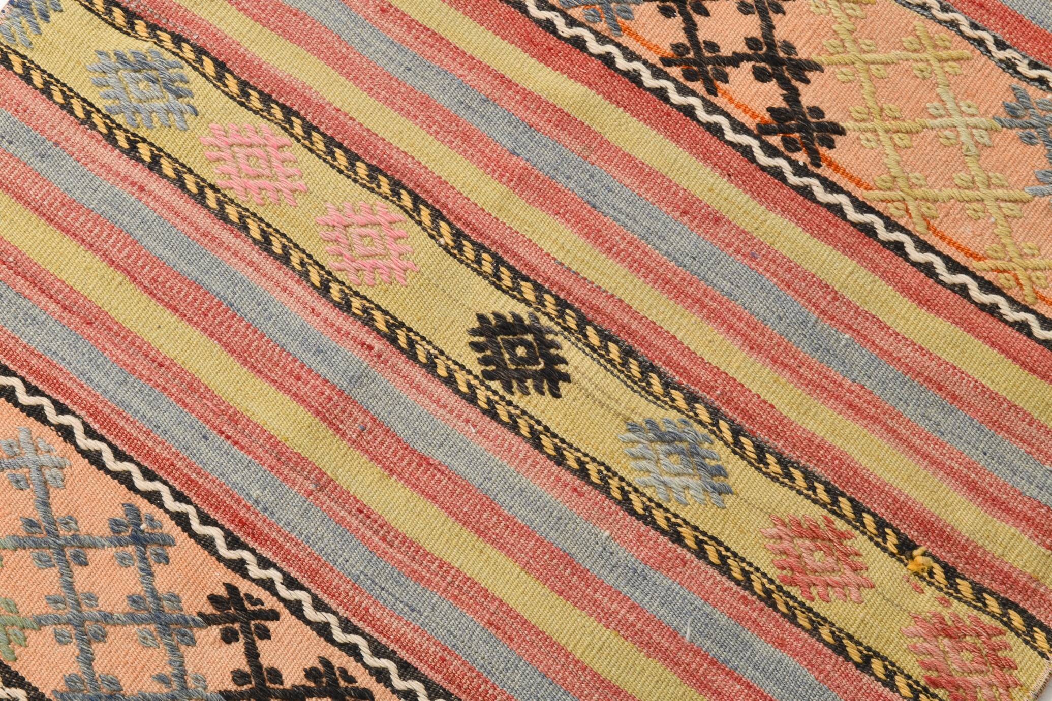 3x0 Blush Pink & Blue Striped Vintage Kilim Runner, Rugs For Bohemian Entry