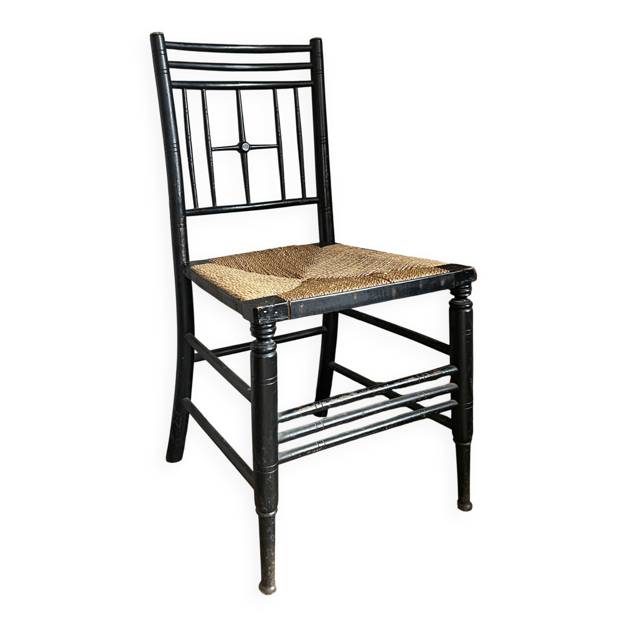 Arts & Crafts Ebonised Rush Seated Chair After a Design by Ford Madox Brown