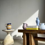 Solid wood bench with openwork base crossed by a cylinder - Mango wood