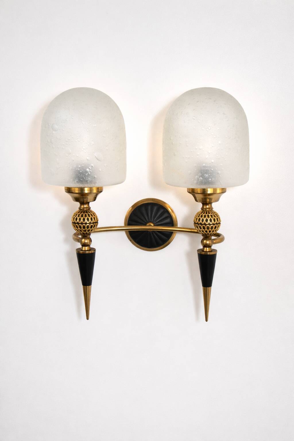 Mid-century brass wall lamp, 1950s, glass and brass, 2xE14