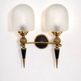 Mid-century brass wall lamp, 1950s, glass and brass, 2xE14