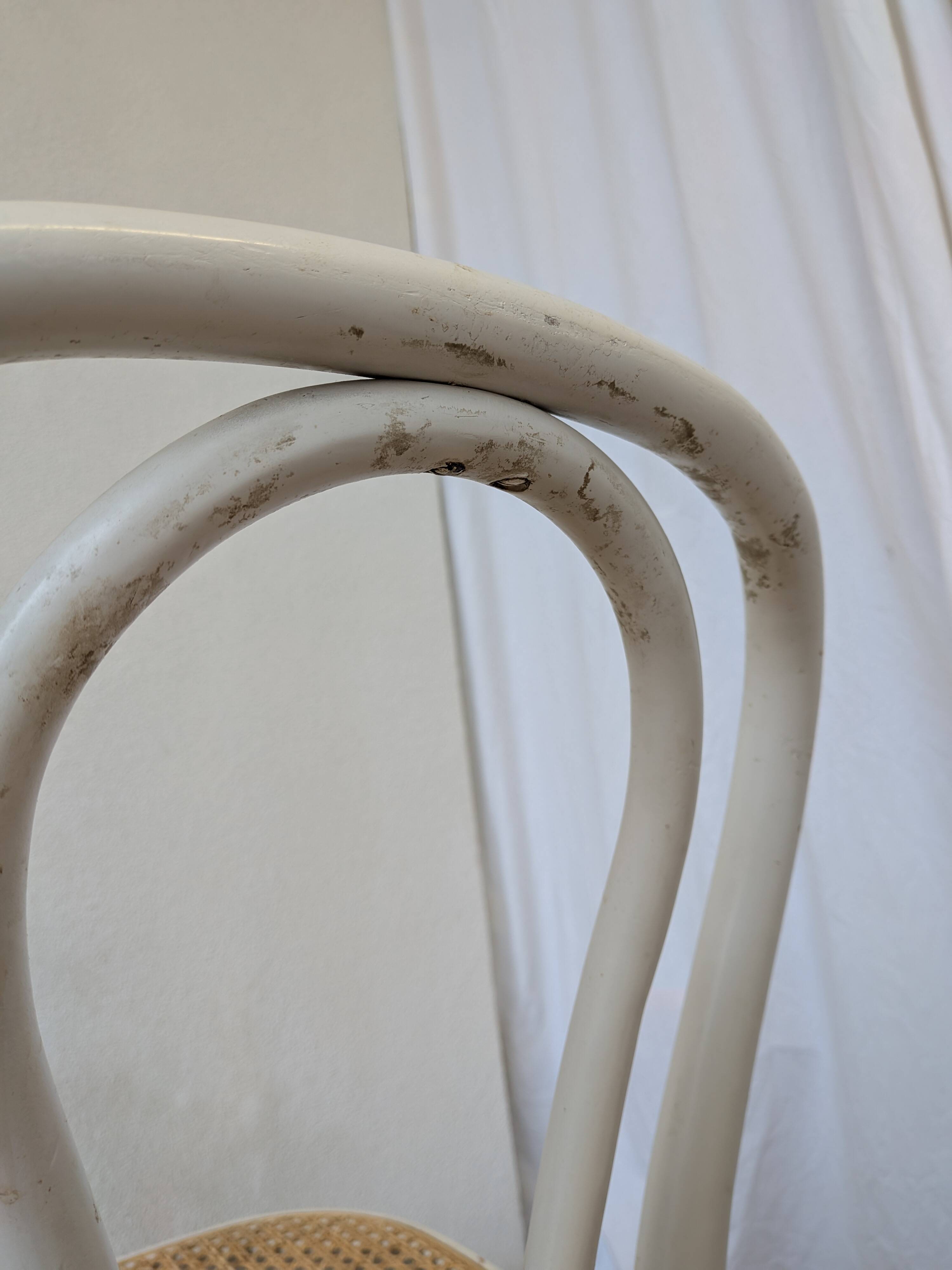 Set of 4 Vintage Thonet Style Dining Chairs: White Wood & Cane Seat