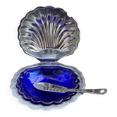 Beurrier coquillage vintage en inox et verre bleu cobalt avec couteau