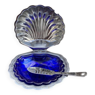 Vintage shell butter dish in stainless steel and cobalt blue glass with knife