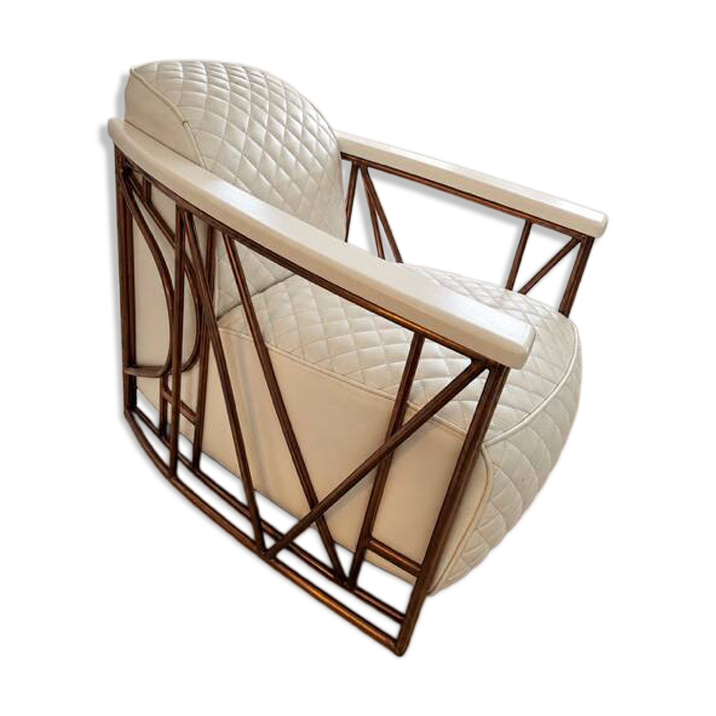 ENNIO armchair in quilted white leather with a copper stainless steel frame.