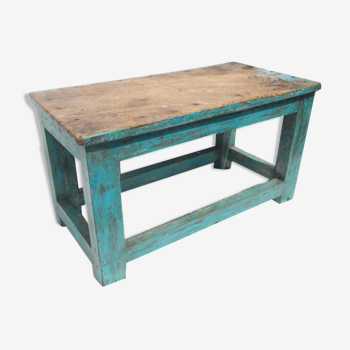 Banc repose plante ancien teck patine bleue 53x26x30cm