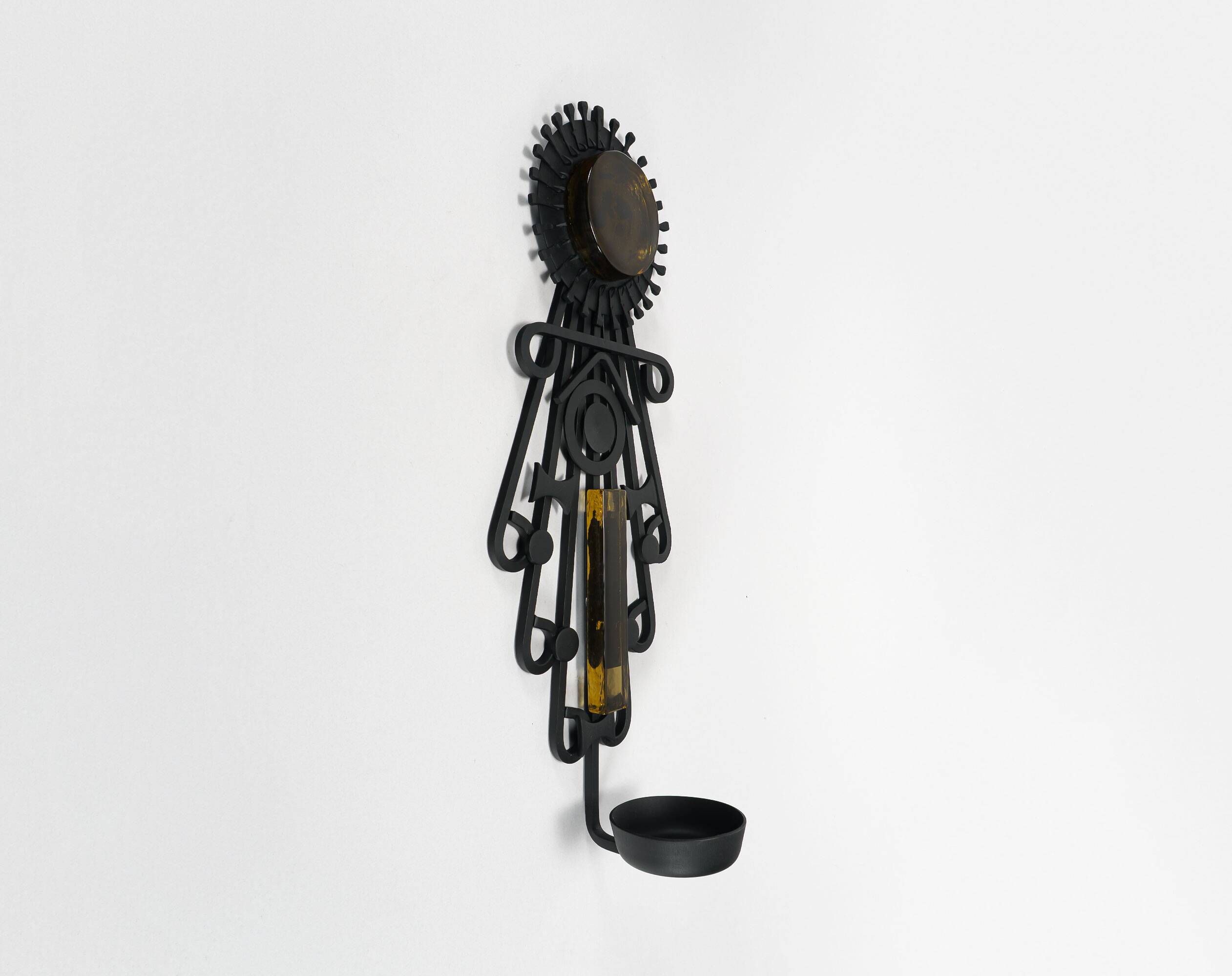1960s Dantoft Brutalist Wrought Iron & Glass Wall-Hanging Candleholder