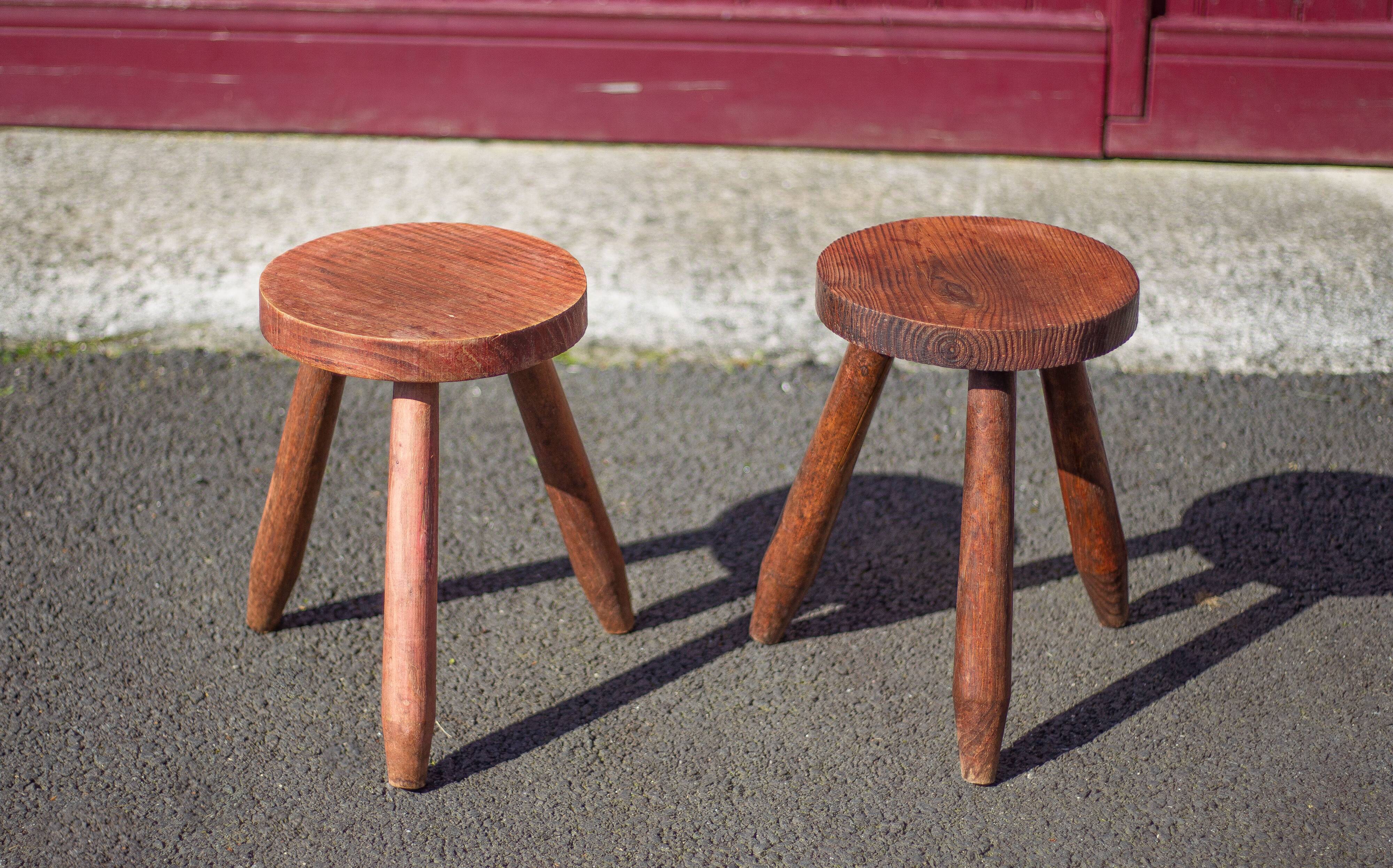 Pair of vintage stools, wooden stool, tripod stool, plant holder
