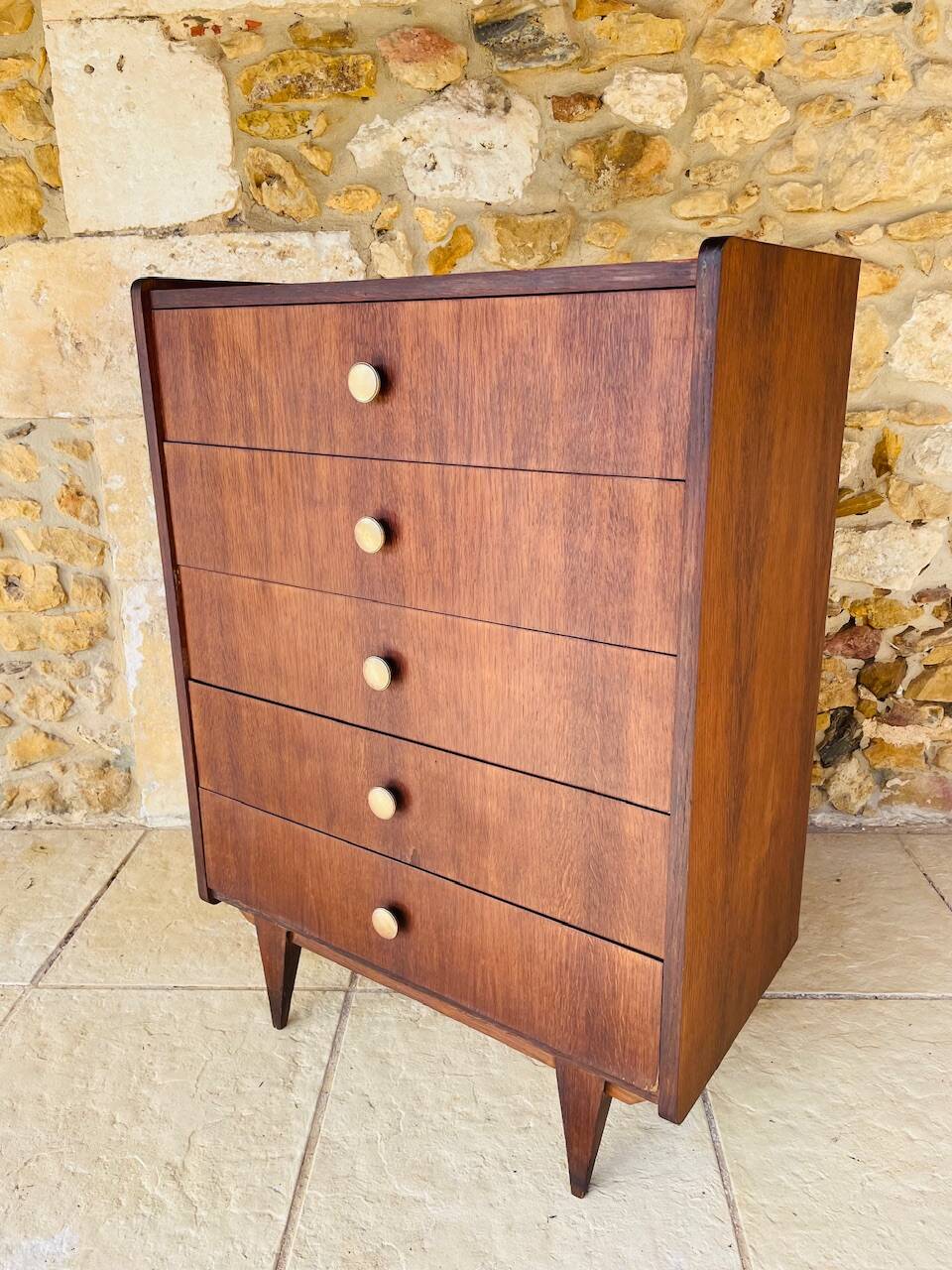 Commode haute vintage en chêne  à 5 tiroirs, circa 1950s