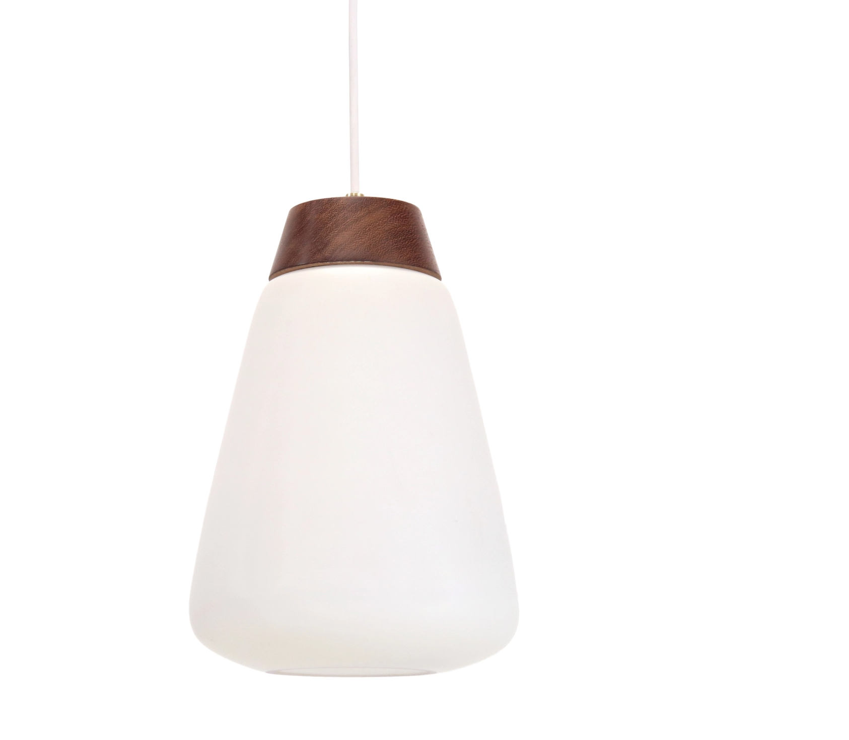 White opaline glass pendant lamp with teak detail