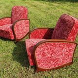 2 Art Deco armchairs in red velvet and wood