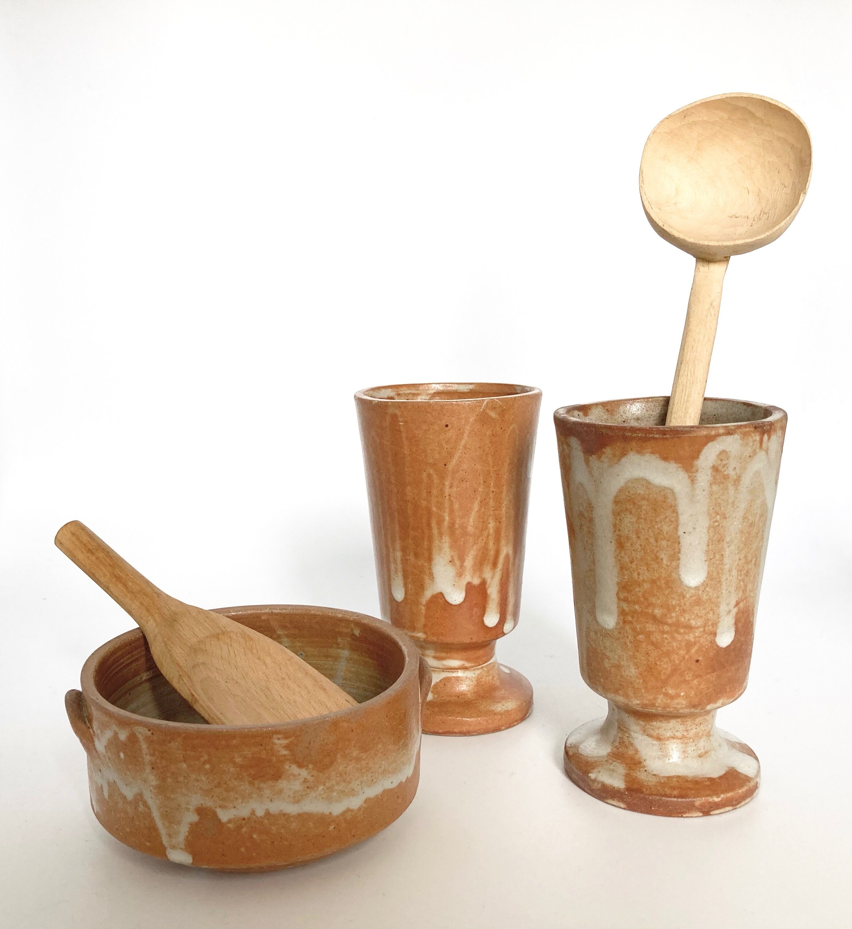 Two vintage stoneware cups and sugar bowl