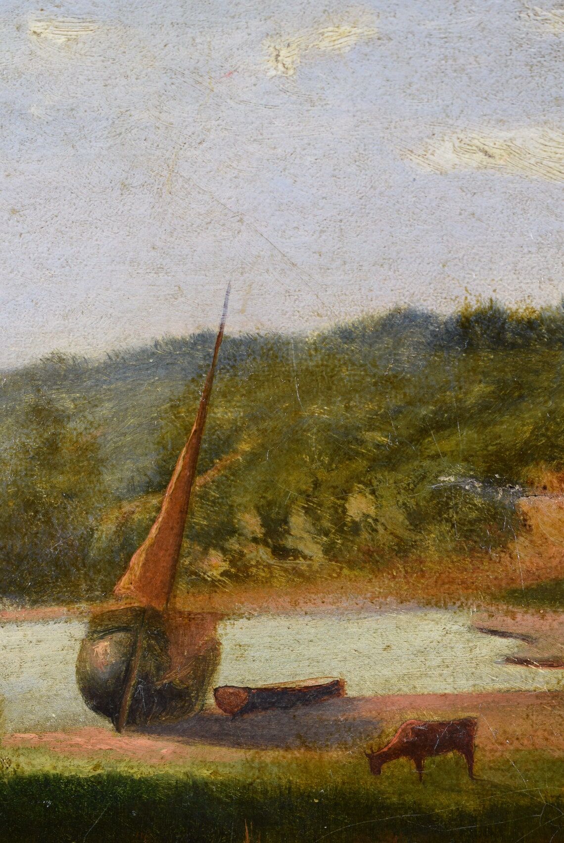 Old painting french pastoral school boat