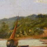 Old painting french pastoral school boat