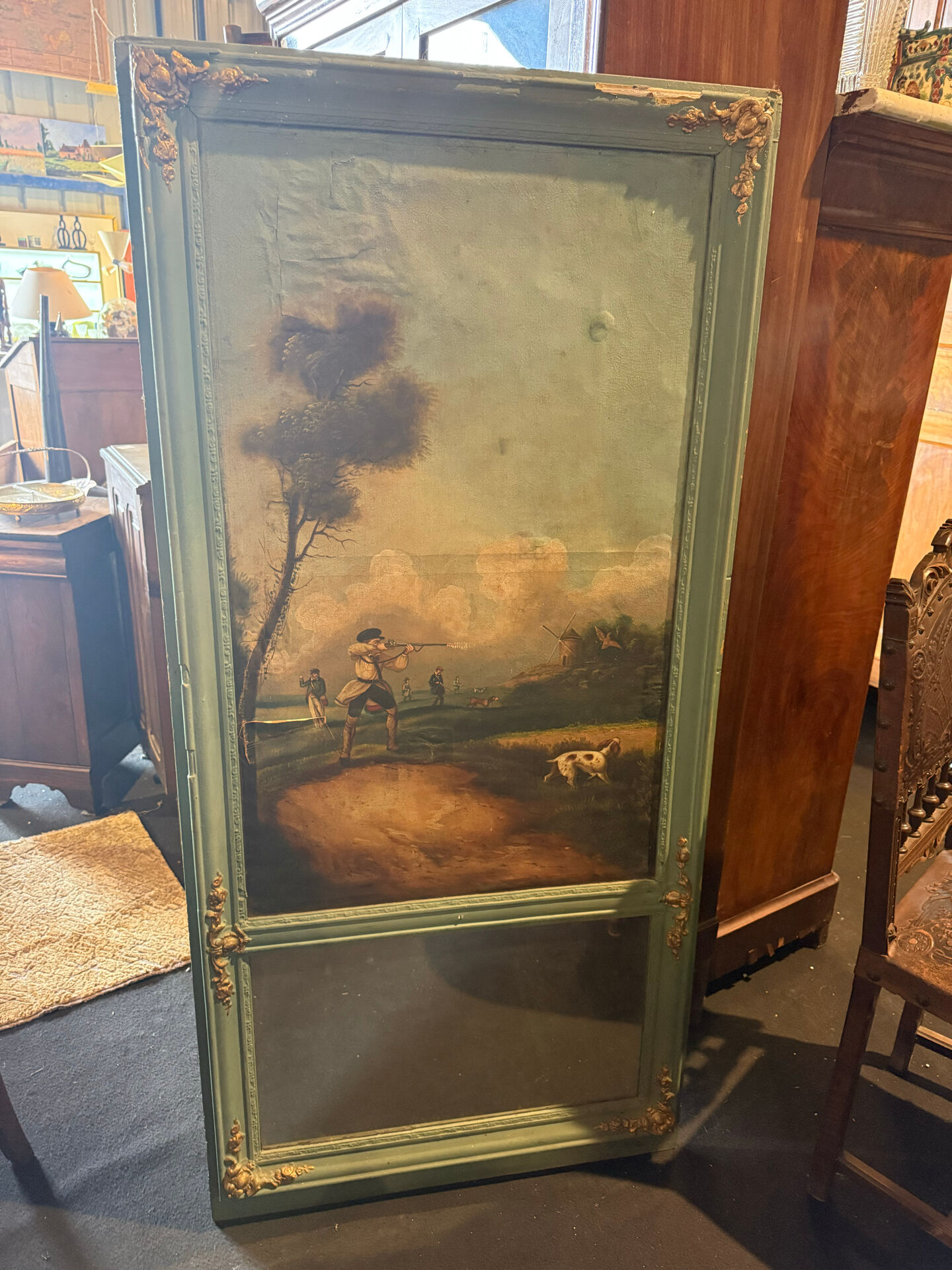 Antique trumeau with hunting scene - Oil on canvas and mirror - Panel