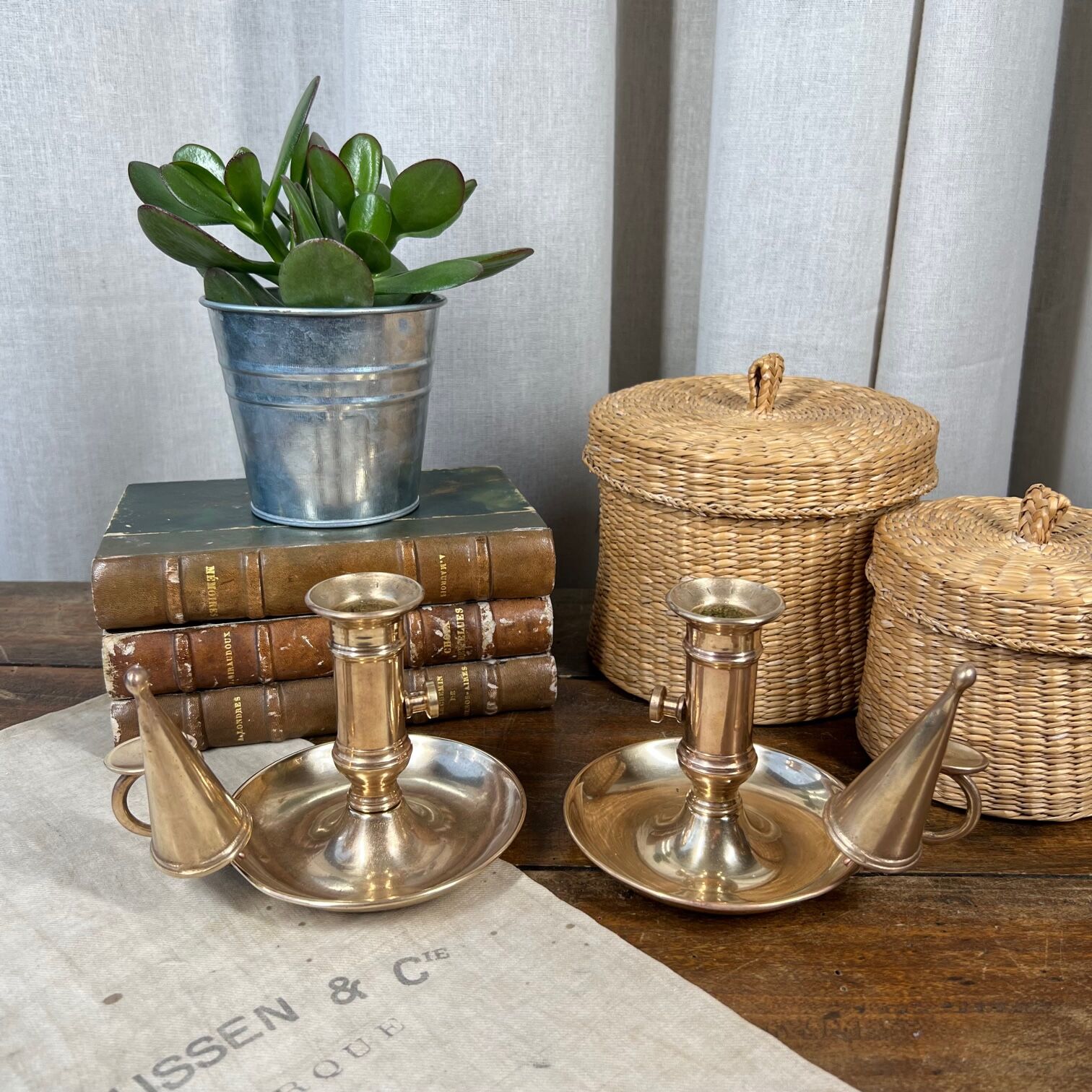 Duo of brass cellar rat candlesticks with extinguisher
