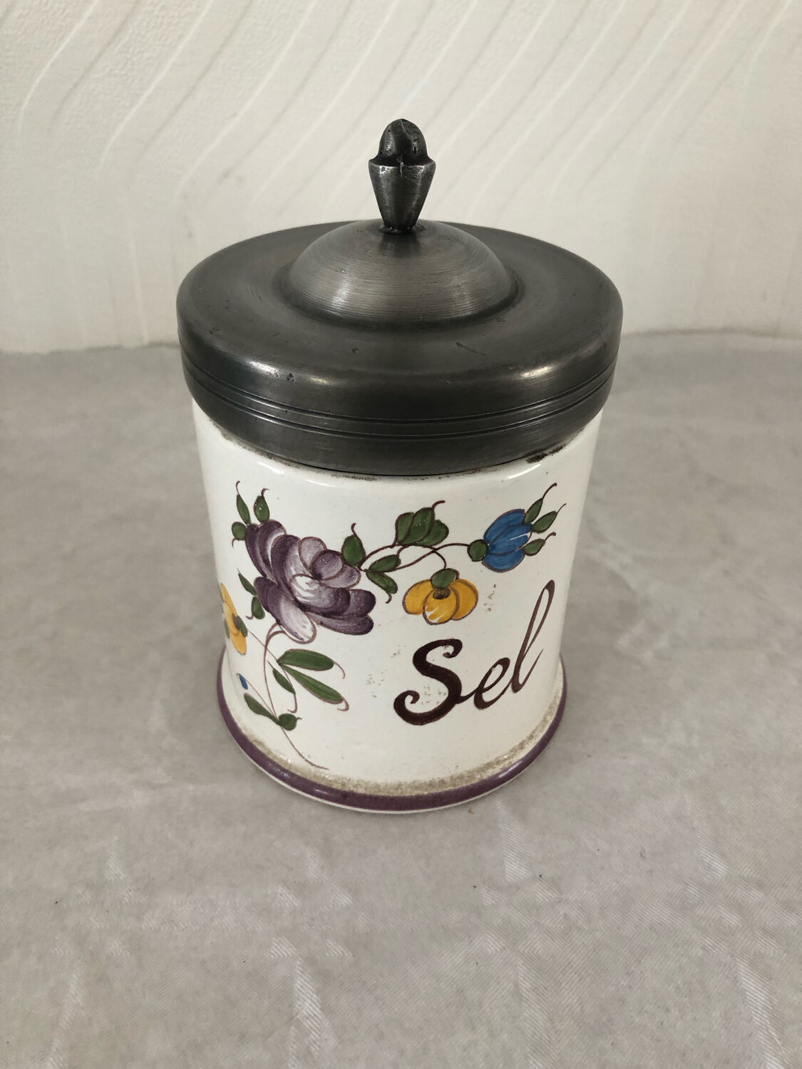 Ceramic salt jar pewter lid stamped J G