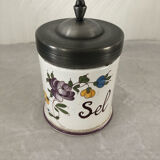 Ceramic salt jar pewter lid stamped J G