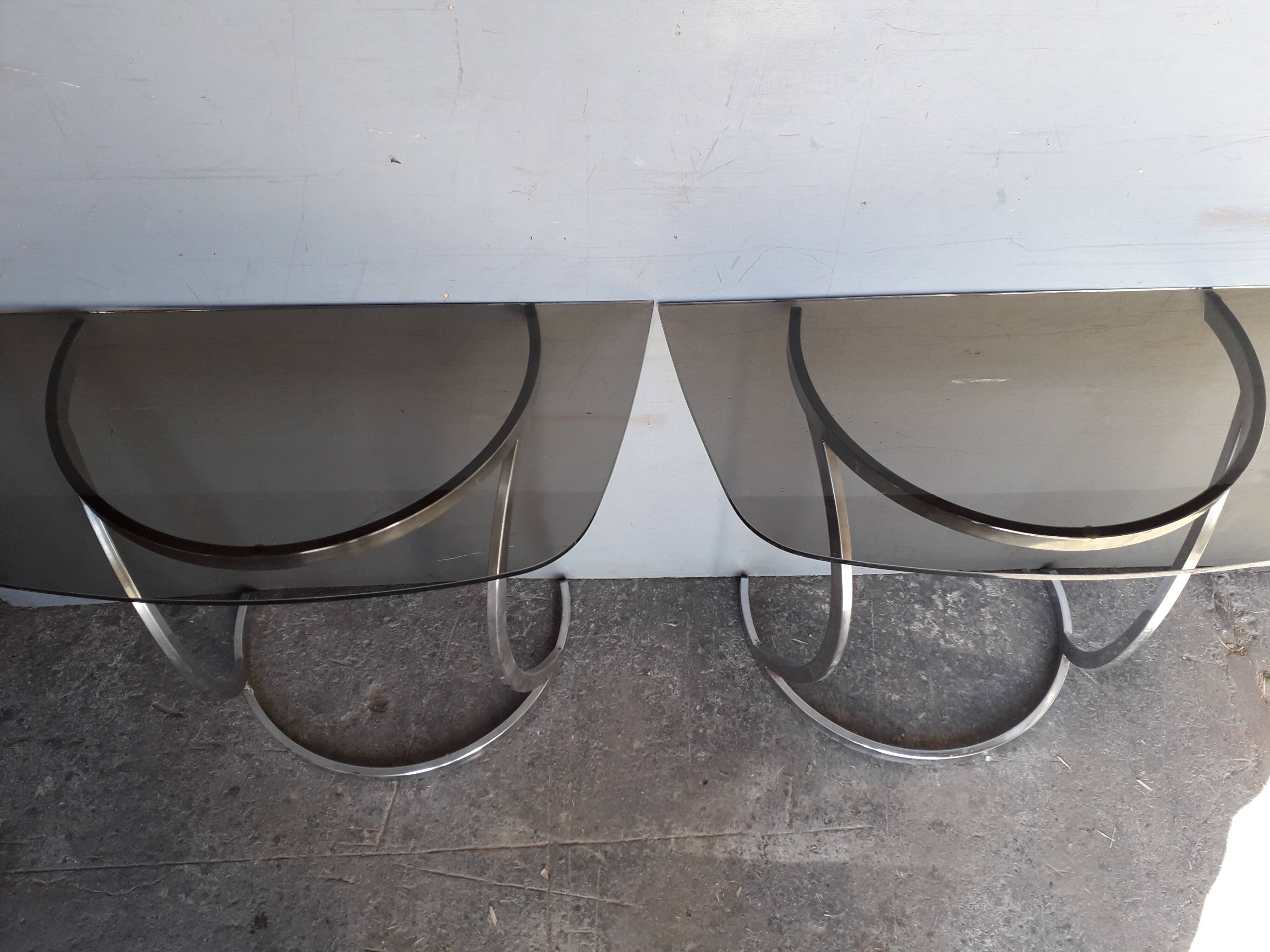 Paire de console demi lune chrome et verre ep 1970