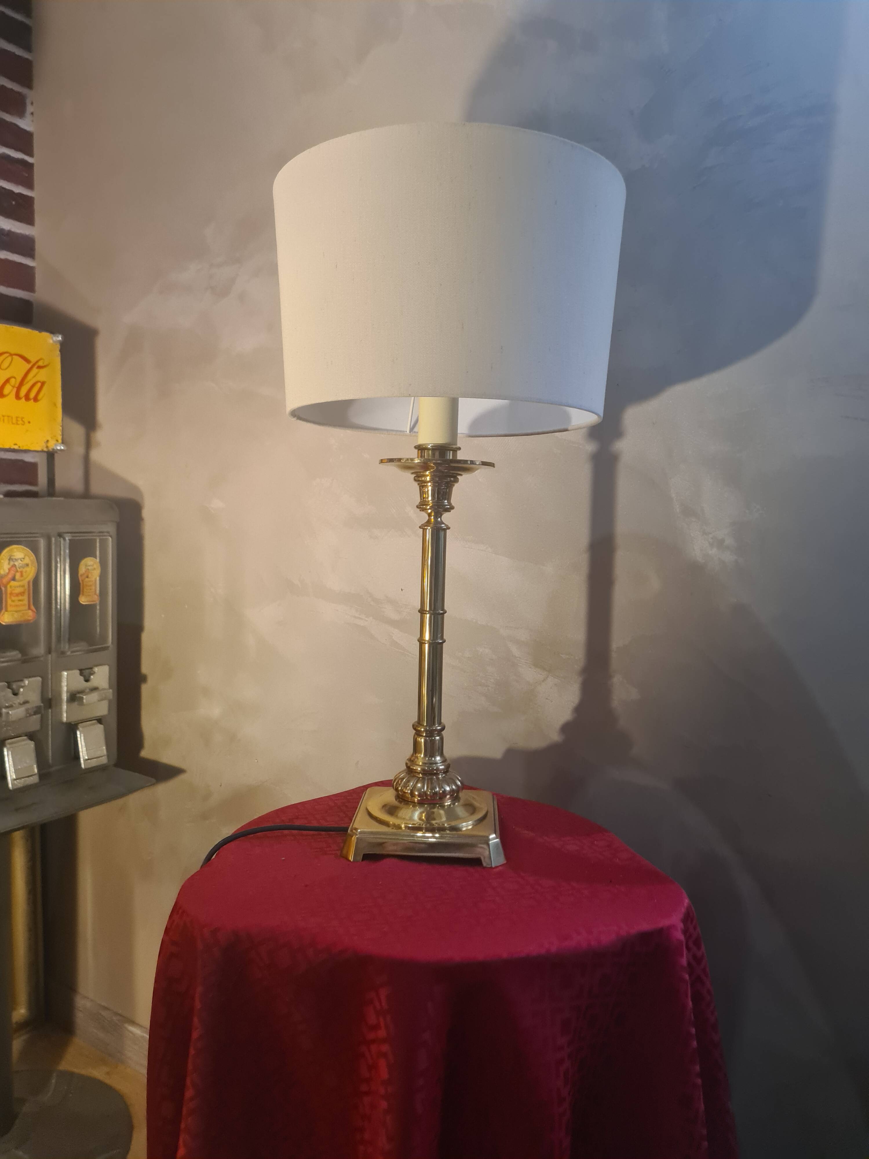 large 1970s luxury solid brass living room lamp with new linen shade 68x35