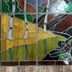 Ancient stained glass landscape decoration – Trees and hills – Early 20th century