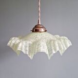Art Deco pendant light in speckled green and white pleated glass, 1920s-30s.
