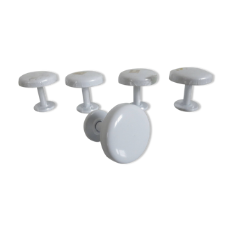 Set of 5 wall hooks, coat rack, white lacquered metal, new from old stock, 1980