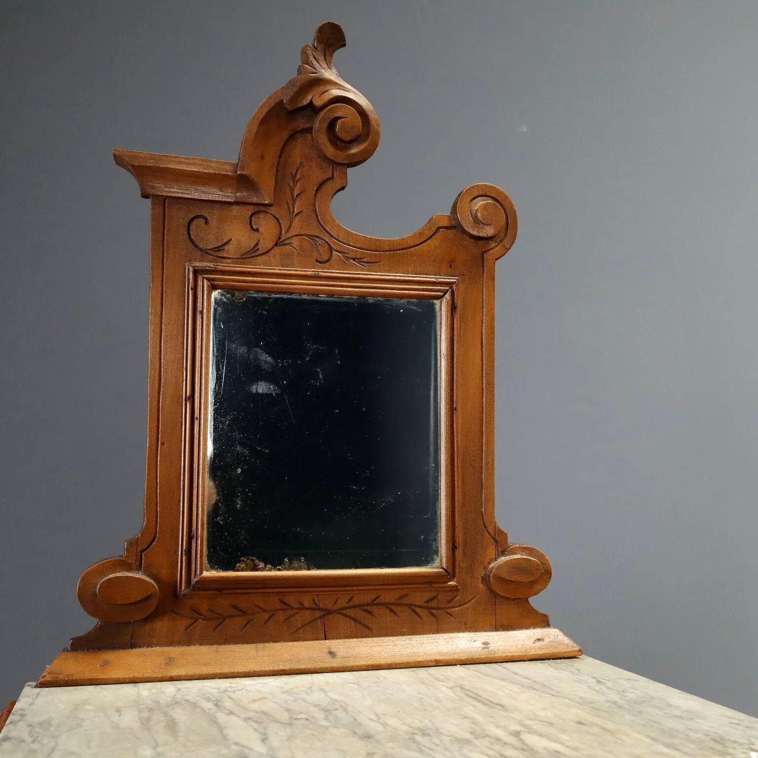 Antique walnut bedside tables with grey marble, Italy, 19th century.