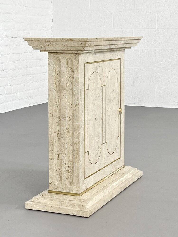 Ensemble console et miroir des années 80 en marqueterie de pierre et laiton