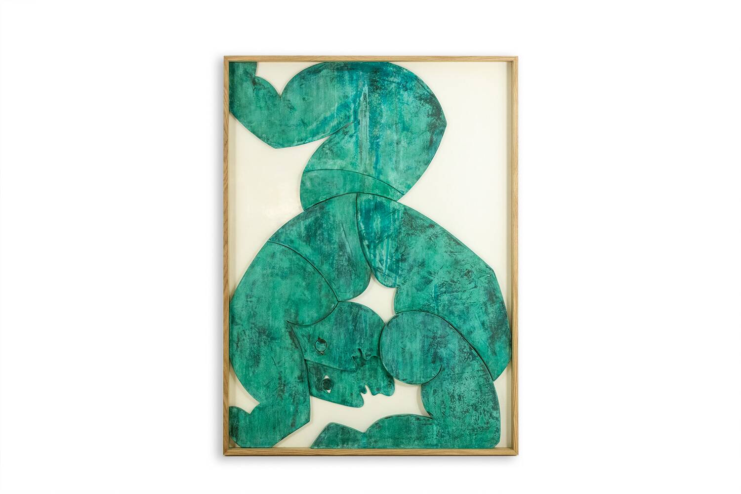 “The Twins”, bas-relief framed in oak wood and patinated copper.