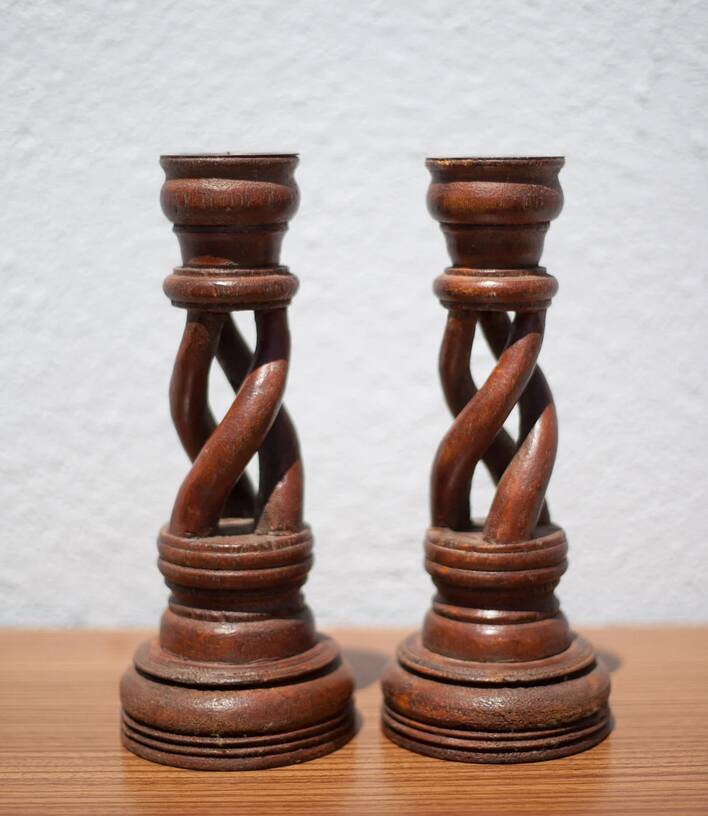 Pair of twisted wooden candle holders, wooden candle holders, carved wood, wooden candle holders, interior decoration