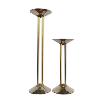 Art Deco German Large Steel and Brass Candleholders, Set of 2, 1930s